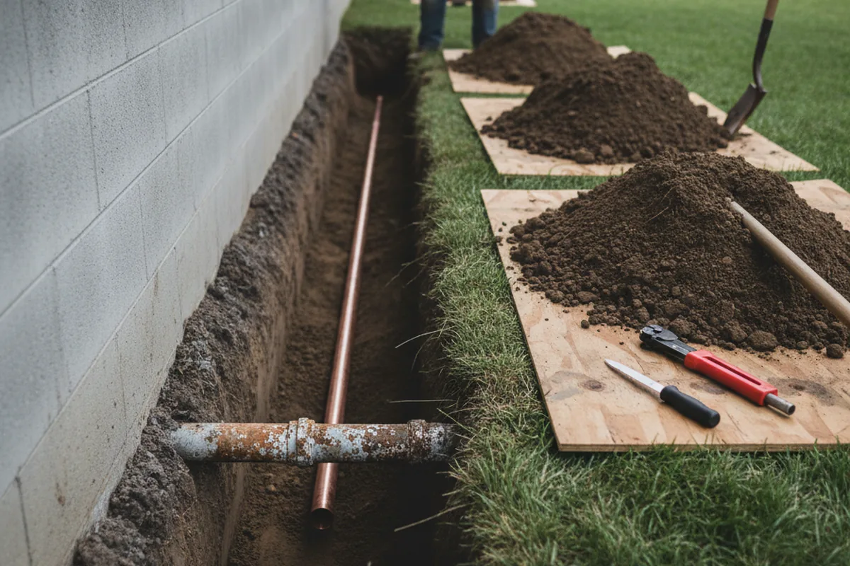 Excavated water line trench during Water Heater Repair in Callery